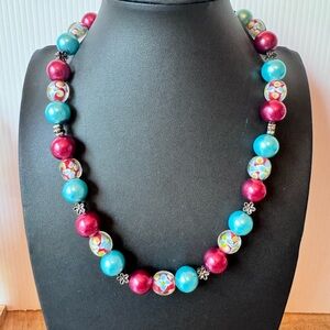 Chunky Vintage Glass Beaded Necklace Red Blue Floral Beads Statement Piece